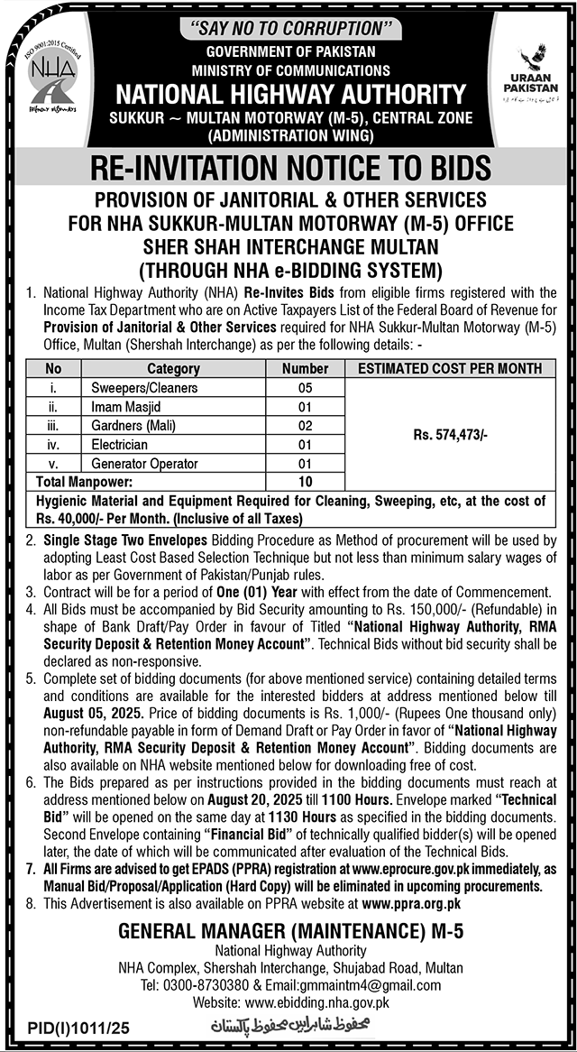 National Highway Authority Multan Tender Notice